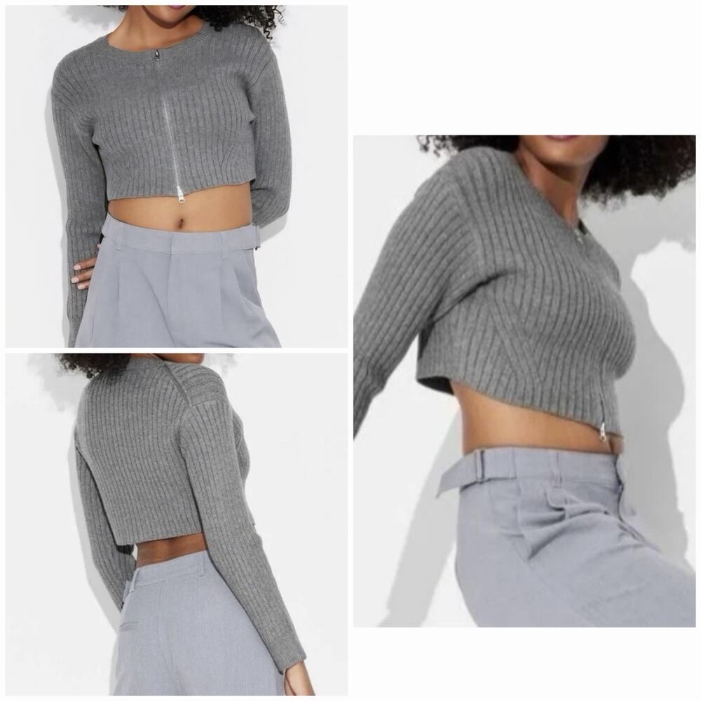 Wild Fable Rib Knit Zip Front Crop Sweater Gray Long Sleeve Women’s L NWT